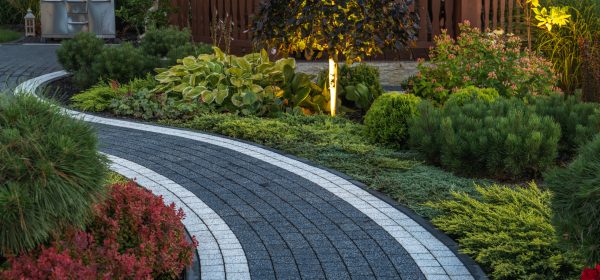Concrete Brick Garden Pathway and Beautiful LED Illuminated Back Yard Garden