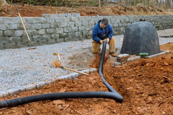 Laying drainage pipe for rain water on car parking lot is covered gravel with driveway