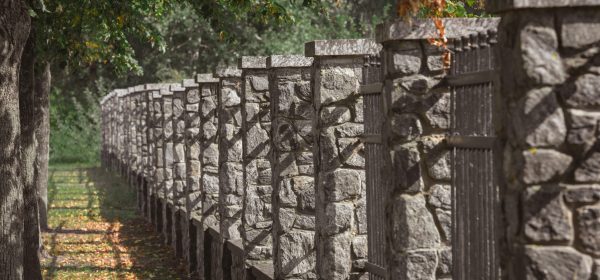 selective focus of stone fence under trees outdoors
